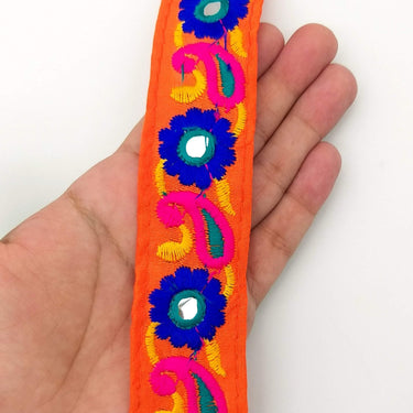 Orange Floral Mirrored Trim With Royal Blue Flowers And Fuchsia Pink Paisley Embroidery, Decorative Trimming, Trim By 3 Yards